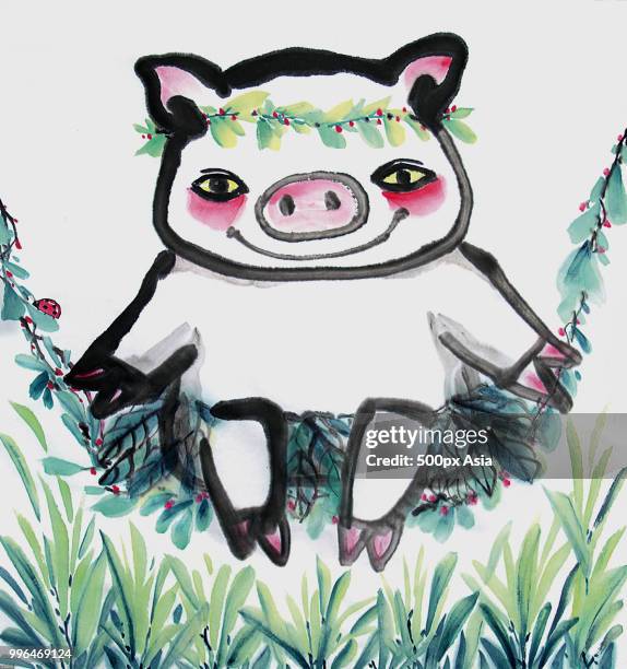 ink wash painting of smiling pig - 500px stock illustrations