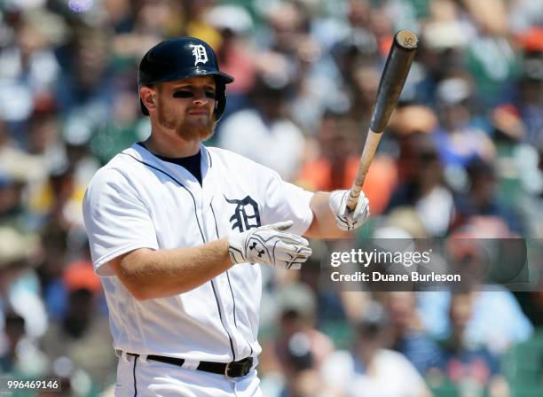 John Hicks of the Detroit Tigers bats against the Oakland Athletics at Comerica Park on June 28, 2018 in Detroit, Michigan.