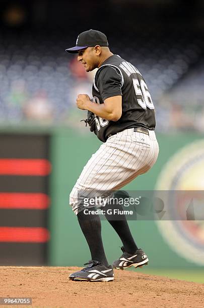 Franklin Morales of the Colorado Rockies celebrates after the final out against the Washington Nationals at Nationals Park on April 22, 2010 in...