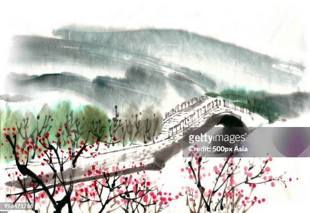 traditional chinese painting with blossoming trees and arch bridge - 500px stock illustrations