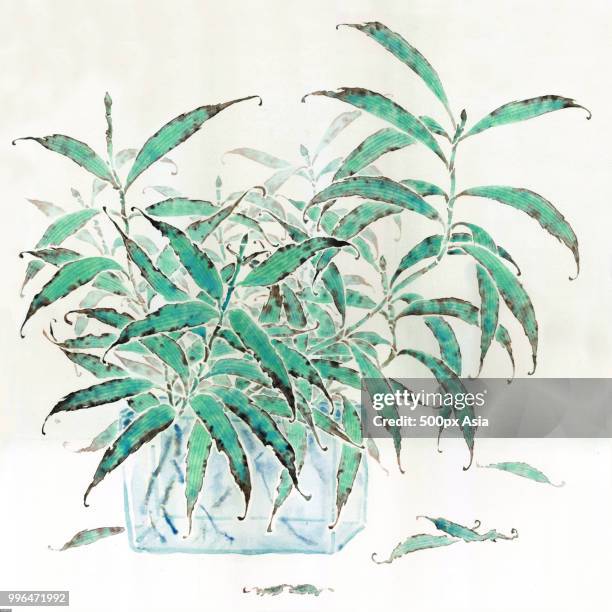 stockillustraties, clipart, cartoons en iconen met chinese still life painting of plant in vase - 500px