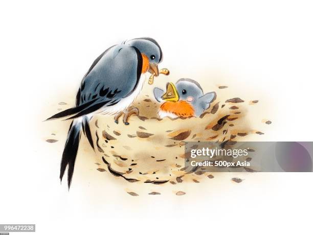 stockillustraties, clipart, cartoons en iconen met illustration of swallow bird feeding young in nest - 500px