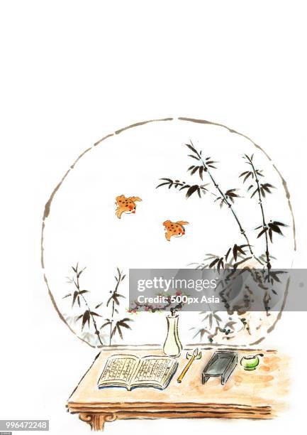 stockillustraties, clipart, cartoons en iconen met chinese painting with book and calligraphy brush on desk, plants and sparrow birds - 500px