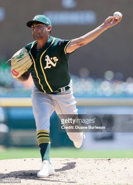 Sean Manaea of the Oakland Athletics pitches against the Detroit Tigers during the second inning at Comerica Park on June 28, 2018 in Detroit,...