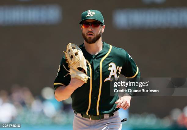 Dustin Fowler of the Oakland Athletics during a game against the Detroit Tigers at Comerica Park on June 28, 2018 in Detroit, Michigan.