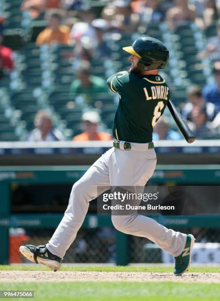 Jed Lowrie of the Oakland Athletics bats against the Detroit Tigers at Comerica Park on June 28, 2018 in Detroit, Michigan.