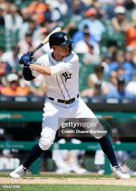 JaCoby Jones of the Detroit Tigers bats against the Oakland Athletics at Comerica Park on June 28, 2018 in Detroit, Michigan.