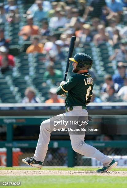 Jed Lowrie of the Oakland Athletics bats against the Detroit Tigers at Comerica Park on June 28, 2018 in Detroit, Michigan.