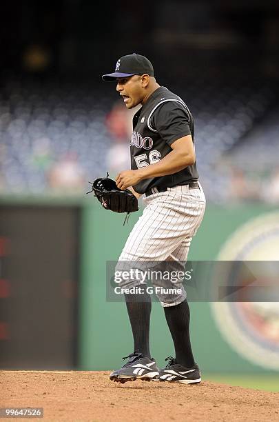 Franklin Morales of the Colorado Rockies celebrates after the final out against the Washington Nationals at Nationals Park on April 22, 2010 in...