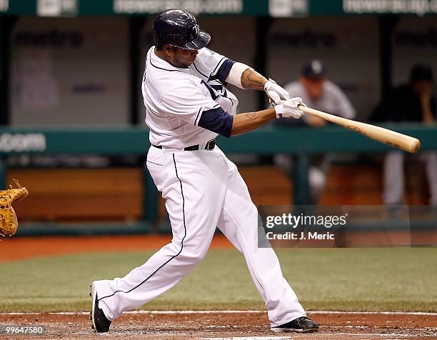 Designated hitter Willy Aybar of the Tampa Bay Rays bats against the Seattle Mariners during the game at Tropicana Field on May 15, 2010 in St....