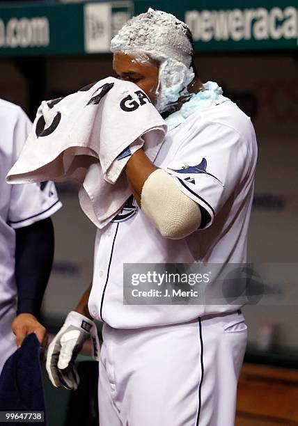 Designated hitter Willy Aybar of the Tampa Bay Rays is covered in shaving cream after his bottom on the ninth walk off home run against the Seattle...