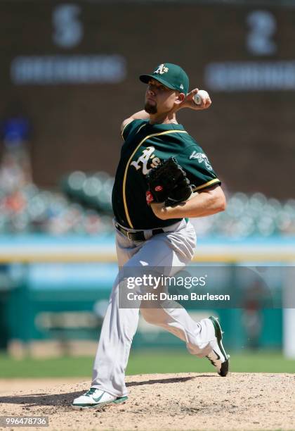 Blake Treinen of the Oakland Athletics pitches against the Detroit Tigers at Comerica Park on June 28, 2018 in Detroit, Michigan.