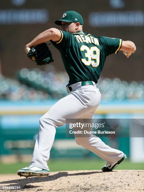 Blake Treinen of the Oakland Athletics pitches against the Detroit Tigers at Comerica Park on June 28, 2018 in Detroit, Michigan.