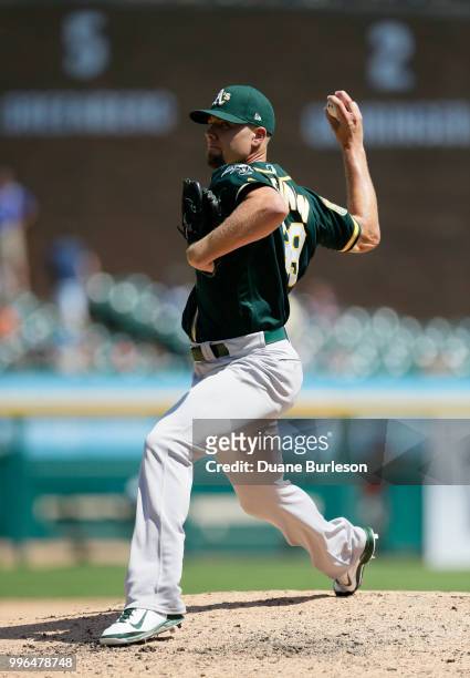 Blake Treinen of the Oakland Athletics pitches against the Detroit Tigers at Comerica Park on June 28, 2018 in Detroit, Michigan.