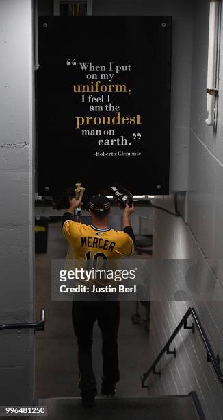 Jordy Mercer of the Pittsburgh Pirates heads to the dugout before the game against the Philadelphia Phillies at PNC Park on July 8, 2018 in...