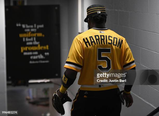 Josh Harrison of the Pittsburgh Pirates heads to the dugout before the game against the Philadelphia Phillies at PNC Park on July 8, 2018 in...