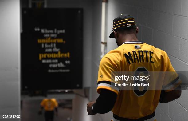 Starling Marte of the Pittsburgh Pirates heads to the dugout before the game against the Philadelphia Phillies at PNC Park on July 8, 2018 in...