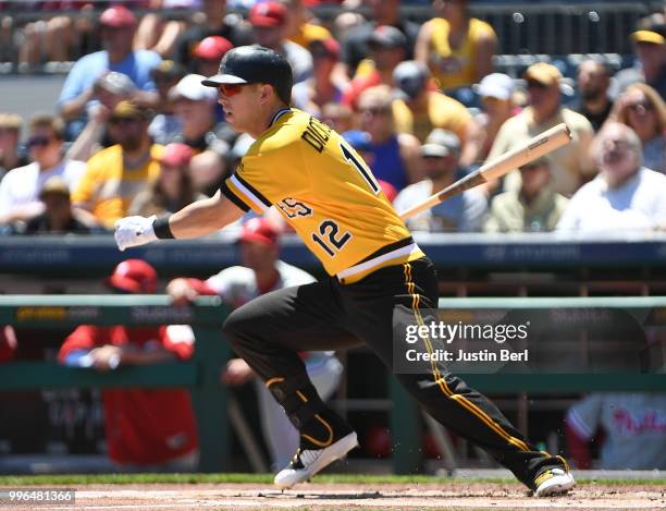 Corey Dickerson of the Pittsburgh Pirates at bat during the game against the Philadelphia Phillies at PNC Park on July 8, 2018 in Pittsburgh,...