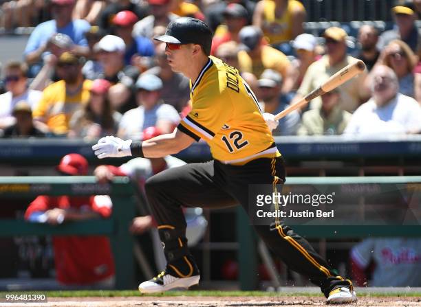 Corey Dickerson of the Pittsburgh Pirates at bat during the game against the Philadelphia Phillies at PNC Park on July 8, 2018 in Pittsburgh,...