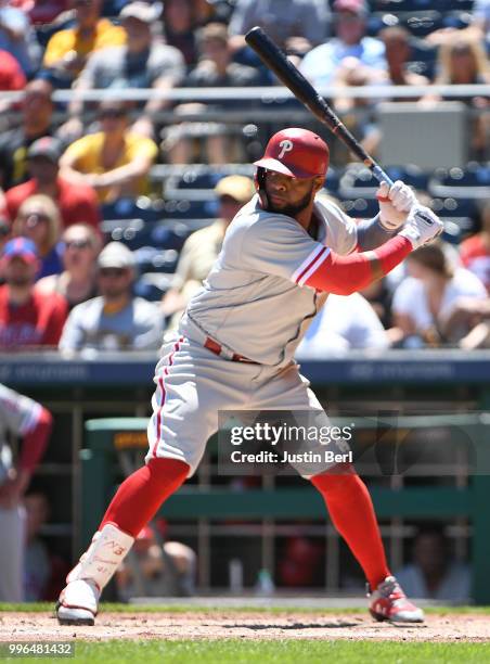 Carlos Santana of the Philadelphia Phillies at bat during the game against the Pittsburgh Pirates at PNC Park on July 8, 2018 in Pittsburgh,...