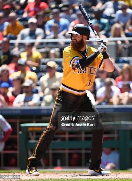 Colin Moran of the Pittsburgh Pirates at bat during the game against the Philadelphia Phillies at PNC Park on July 8, 2018 in Pittsburgh,...