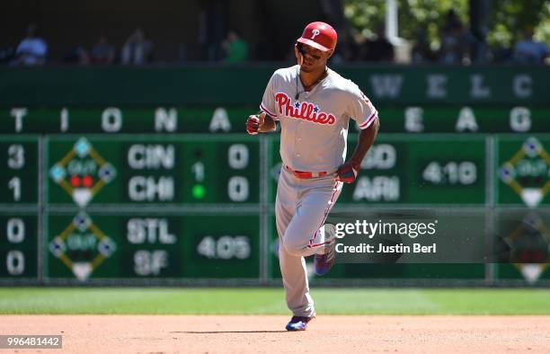 Nick Williams of the Philadelphia Phillies rounds the bases after hitting a solo home run in the fourth inning during the game against the Pittsburgh...