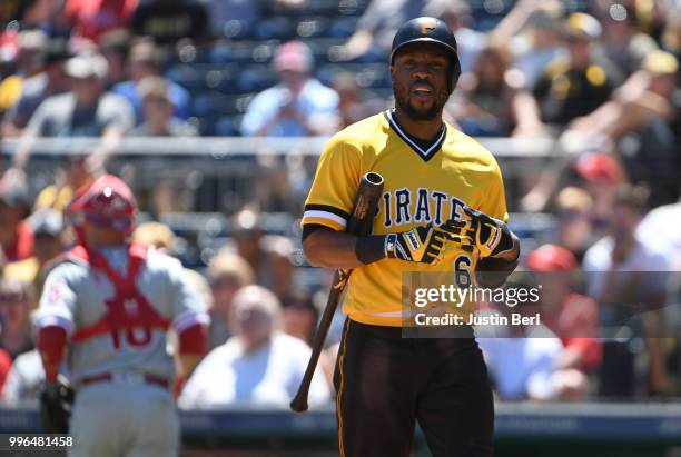 Starling Marte of the Pittsburgh Pirates walks back to the dugout after striking out in the fourth inning during the game against the Philadelphia...