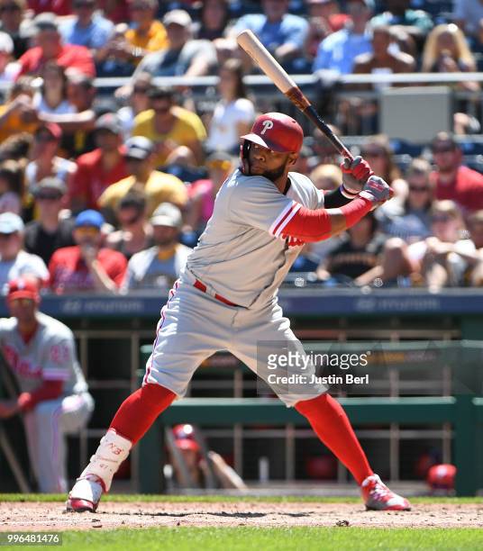 Carlos Santana of the Philadelphia Phillies at bat during the game against the Pittsburgh Pirates at PNC Park on July 8, 2018 in Pittsburgh,...