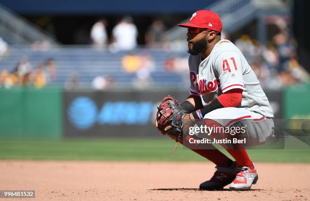 Carlos Santana of the Philadelphia Phillies looks on during the game against the Pittsburgh Pirates at PNC Park on July 8, 2018 in Pittsburgh,...