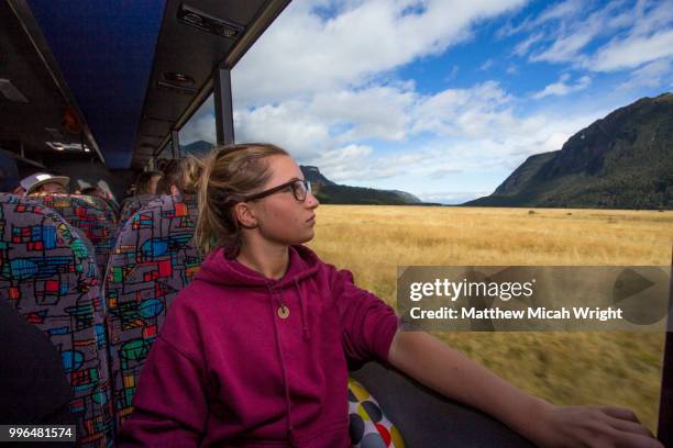 a girl glances out the window of a bus and watches the beautiful scenery pass by on the way to milford sound. - bus pass stockfoto's en -beelden