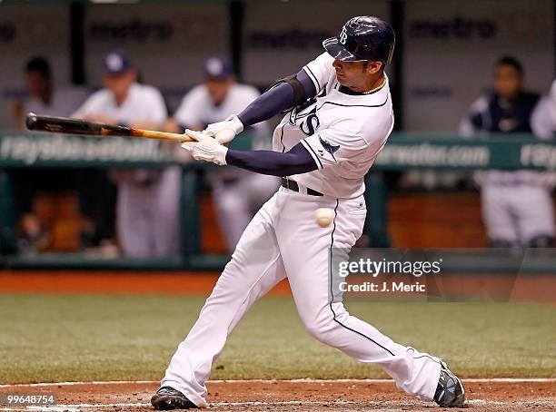 Infielder Carlos Pena of the Tampa Bay Rays fouls off a pitch against the Seattle Mariners during the game at Tropicana Field on May 15, 2010 in St....