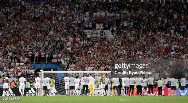 The England acknowledge the fans after the 2018 FIFA World Cup Russia Semi Final match between England and Croatia at Luzhniki Stadium on July 11,...