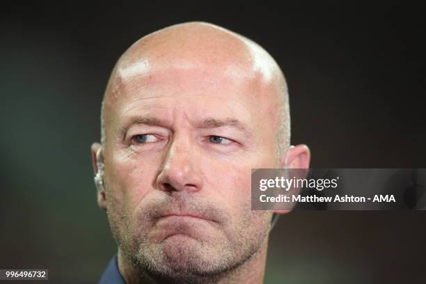 Match of the day presenter Alan Shearer during the 2018 FIFA World Cup Russia Semi Final match between England and Croatia at Luzhniki Stadium on...