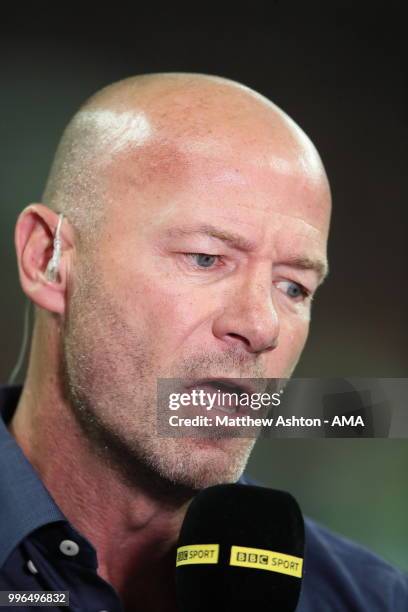 Match of the day presenter Alan Shearer during the 2018 FIFA World Cup Russia Semi Final match between England and Croatia at Luzhniki Stadium on...