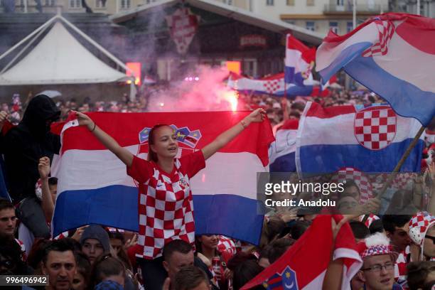 Fans of Croatia gather at Ban Jelacic Square for a public viewing event to watch 2018 FIFA World Cup Russia Semi Final match between Croatia and...