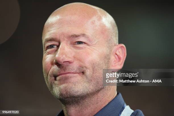 Match of the day presenter Alan Shearer during the 2018 FIFA World Cup Russia Semi Final match between England and Croatia at Luzhniki Stadium on...