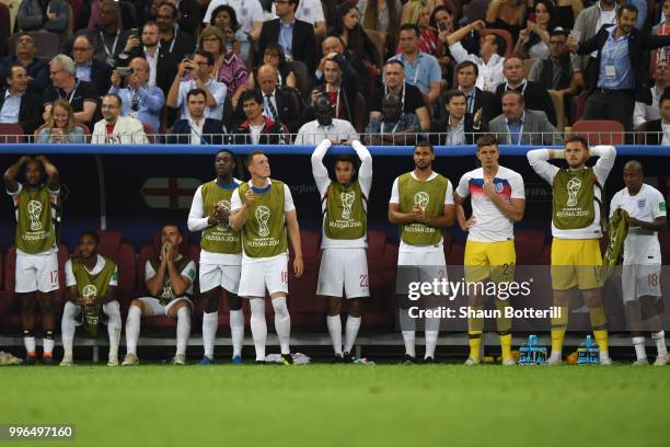 The England bench look dejected following their sides defeat in the 2018 FIFA World Cup Russia Semi Final match between England and Croatia at...