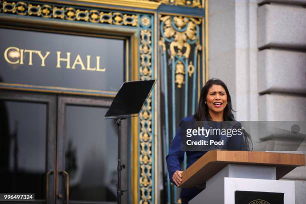 Mayor-elect London Breed practices her speech outside City Hall ahead of the mayoral inauguration July 11, 2018 in San Francisco, California.