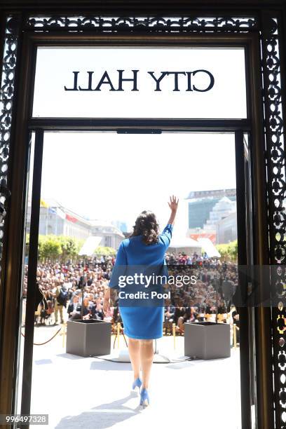 Mayor-elect London Breed walks out of City Hall for her inauguration July 11, 2018 in San Francisco, California.