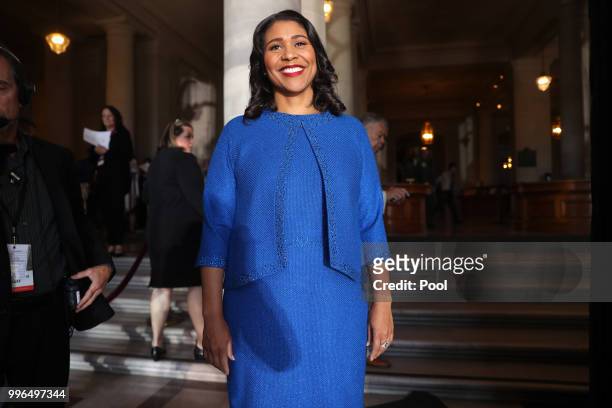 Mayor-elect London Breed waits to walk out of City Hall for her inauguration July 11, 2018 in San Francisco, California.