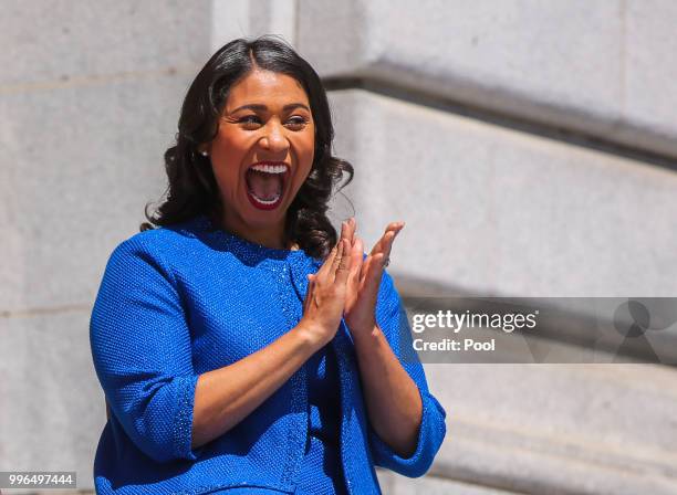 Mayor London Breed smiles at the crowd moments before taking the oath of office outside City Hall July 11, 2018 in San Francisco, California.