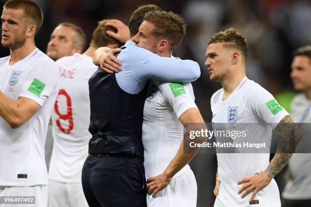 Gareth Southgate, Manager of England and Jamie Vardy of England embrace after the 2018 FIFA World Cup Russia Semi Final match between England and...