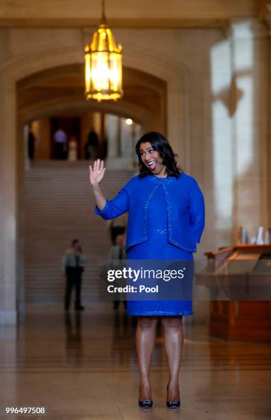 London Breed waves to the crowd during her inauguration ceremony July 11, 2018 in San Francisco, California.