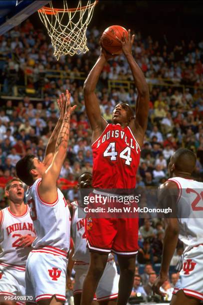 Playoffs: Louisville Clifford Rozier in action vs Indiana Pat Graham at St. Louis Arena. St. Louis, MO 3/25/1993 CREDIT: John W. McDonough