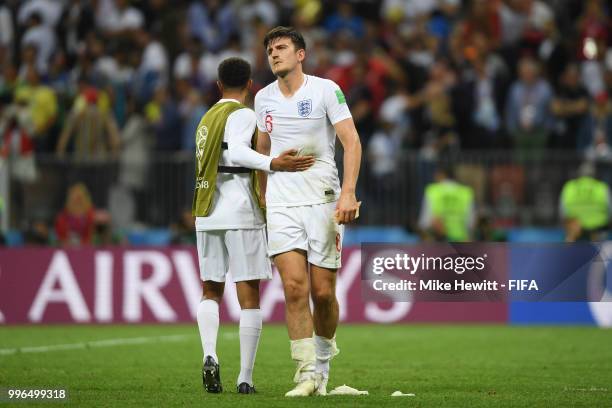 Trent Alexander-Arnold of England consoles Harry Maguire of England following their sides defeat in the 2018 FIFA World Cup Russia Semi Final match...