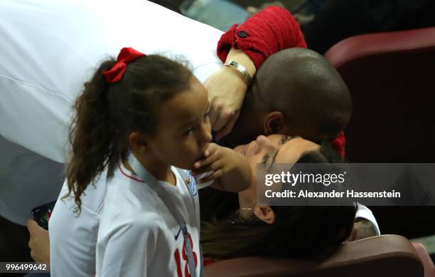 Ashley Young of England hugs his girlfriend Nicky Pike during the 2018 FIFA World Cup Russia Semi Final match between England and Croatia at Luzhniki...