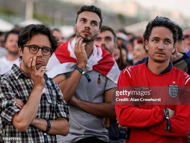 Worried England fans during the 2018 FIFA World Cup semi final match between Croatia and England at the Luna Beach Cinema on Brighton Beach on July...