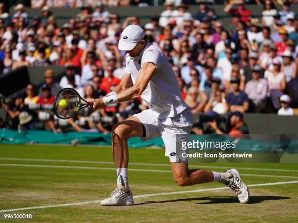 Kevin Anderson in action during his quarter final match on July 11 defeating number 1 seed Roger Federer 13 -11 in the fifth set at the Wimbledon...