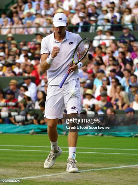 Kevin Anderson in action during his quarter final match on July 11 defeating number 1 seed Roger Federer 13 -11 in the fifth set at the Wimbledon...