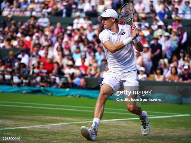 Kevin Anderson in action during his quarter final match on July 11 defeating number 1 seed Roger Federer 13 -11 in the fifth set at the Wimbledon...